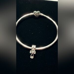 PANDORA SS 20CM Pavé Heart Clasp Bangle Bracelet W/Angel Charm S925 EUC